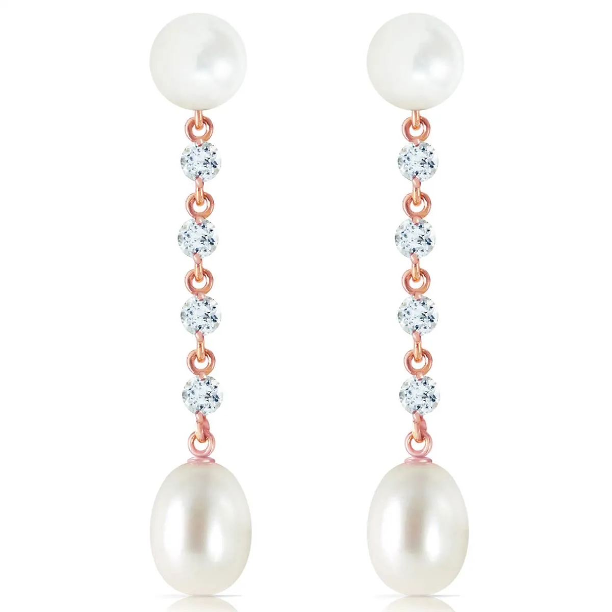 14K Solid Rose Gold Chandelier Earrings w/ Aquamarine & Pearl