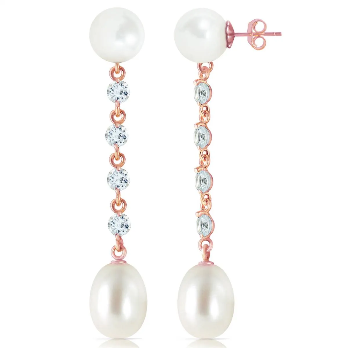 14K Solid Rose Gold Chandelier Earrings w/ Aquamarine & Pearl