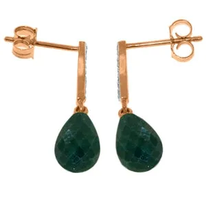 14K Solid Rose Gold Diamond & Emerald Fine Earrings