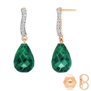 14K Solid Rose Gold Diamond & Emerald Fine Earrings