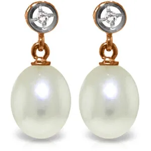 14K Solid Rose Gold Diamond & Pearl Earrings