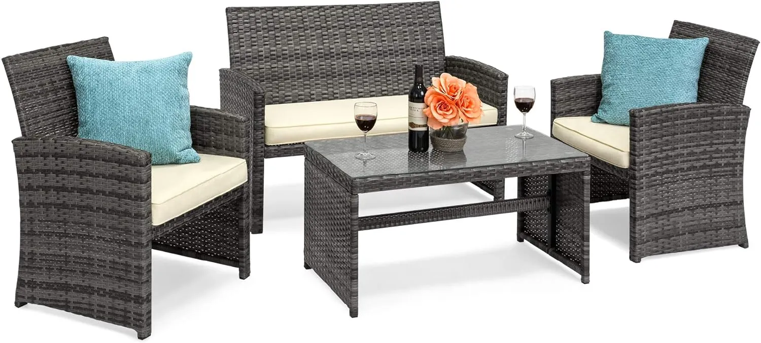 4 Piece Wicker Patio Conversation Furniture Set with 4 Seats Tempered Glass Table Top