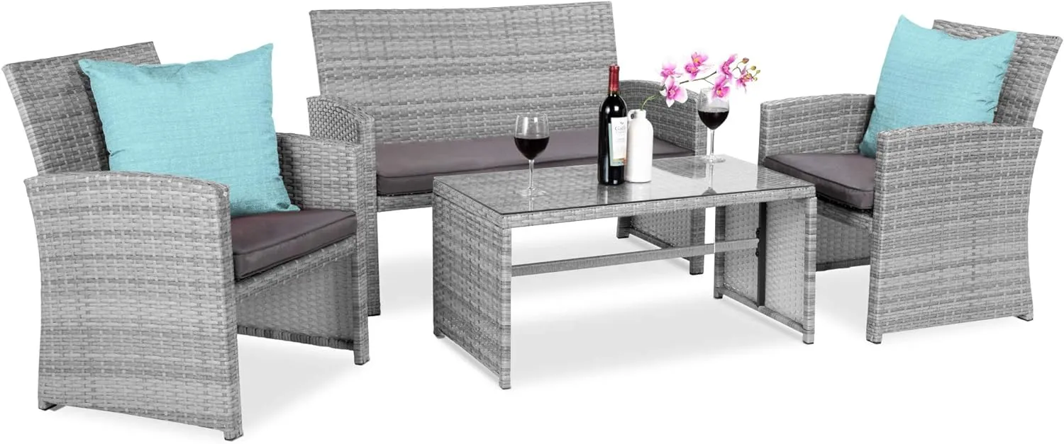 4 Piece Wicker Patio Conversation Furniture Set with 4 Seats Tempered Glass Table Top