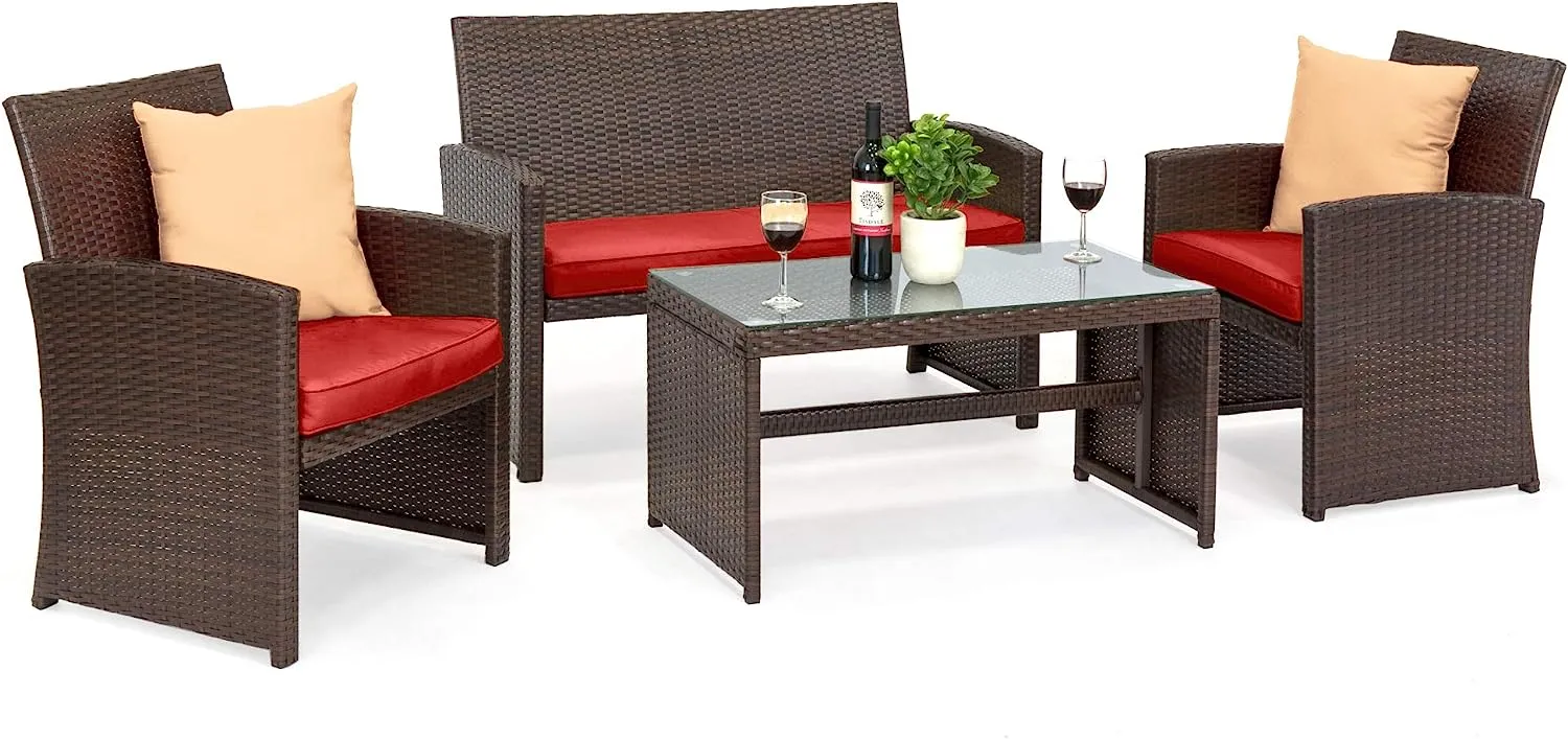 4 Piece Wicker Patio Conversation Furniture Set with 4 Seats Tempered Glass Table Top