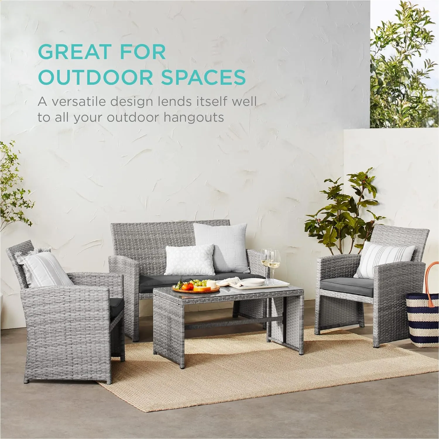 4 Piece Wicker Patio Conversation Furniture Set with 4 Seats Tempered Glass Table Top