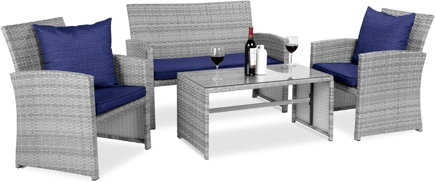 4 Piece Wicker Patio Conversation Furniture Set with 4 Seats Tempered Glass Table Top