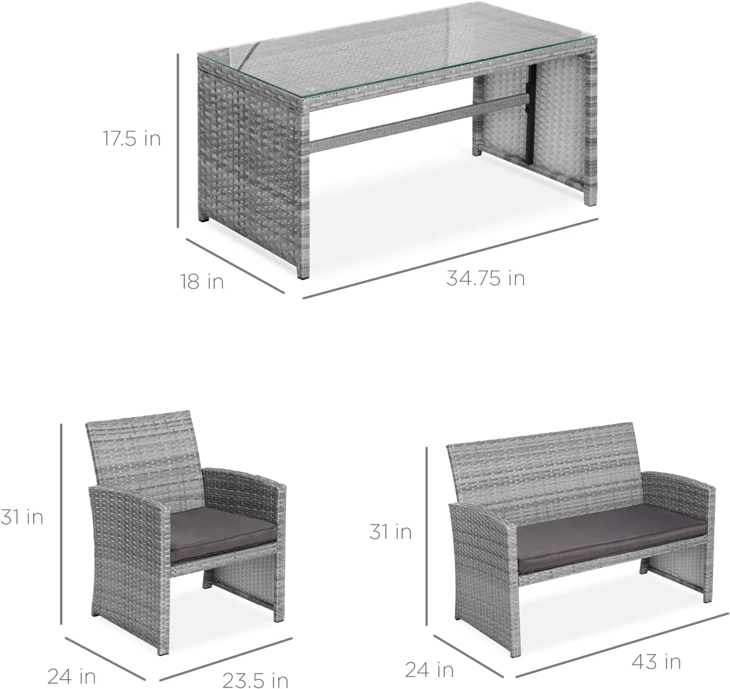 4 Piece Wicker Patio Conversation Furniture Set with 4 Seats Tempered Glass Table Top