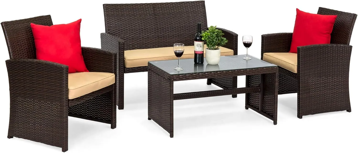 4 Piece Wicker Patio Conversation Furniture Set with 4 Seats Tempered Glass Table Top