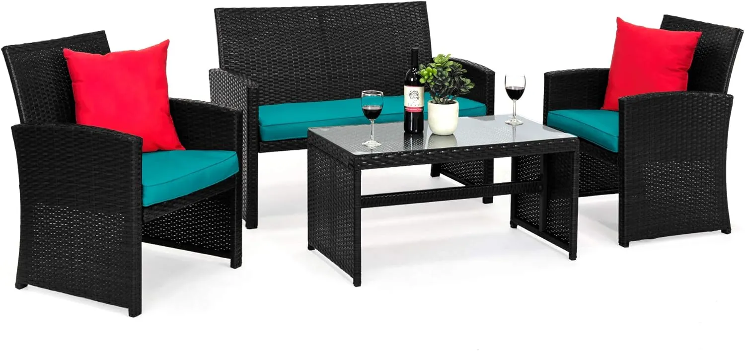 4 Piece Wicker Patio Conversation Furniture Set with 4 Seats Tempered Glass Table Top