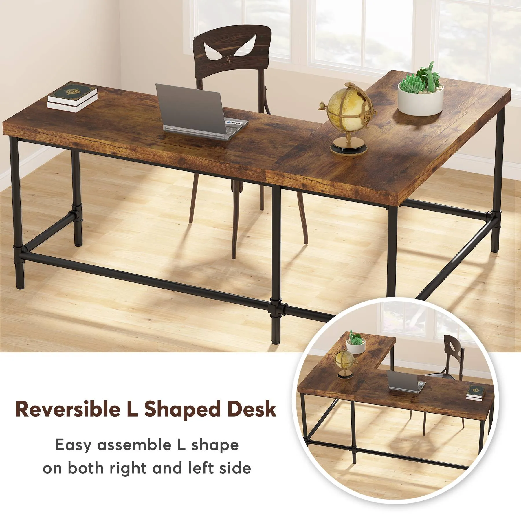 67" L-Shaped Desk, Industrial Reversible Computer Corner Desk