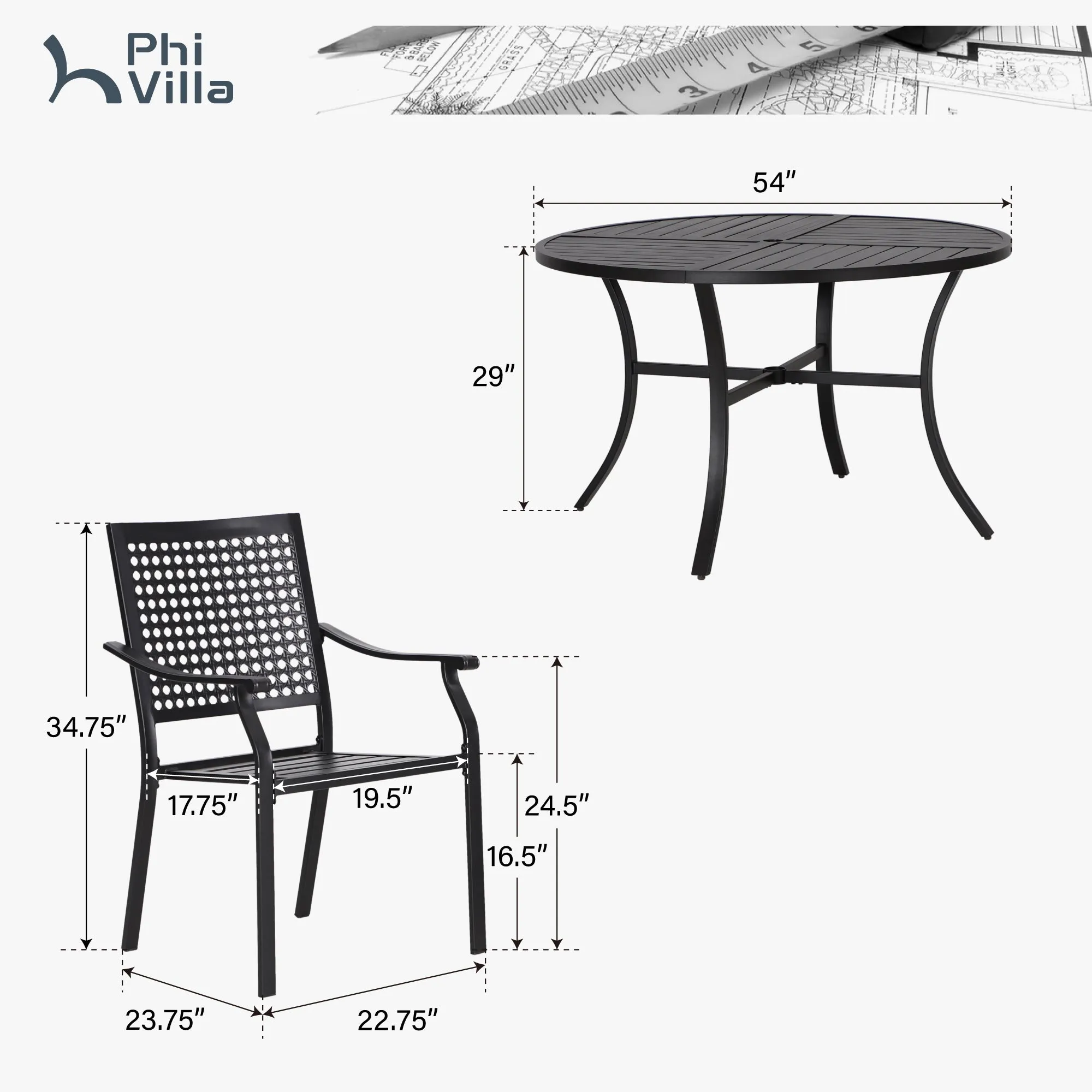 7-Piece Patio Dining Set for Backyard with Bullseye Pattern Chairs and Round Table-Phi Villa