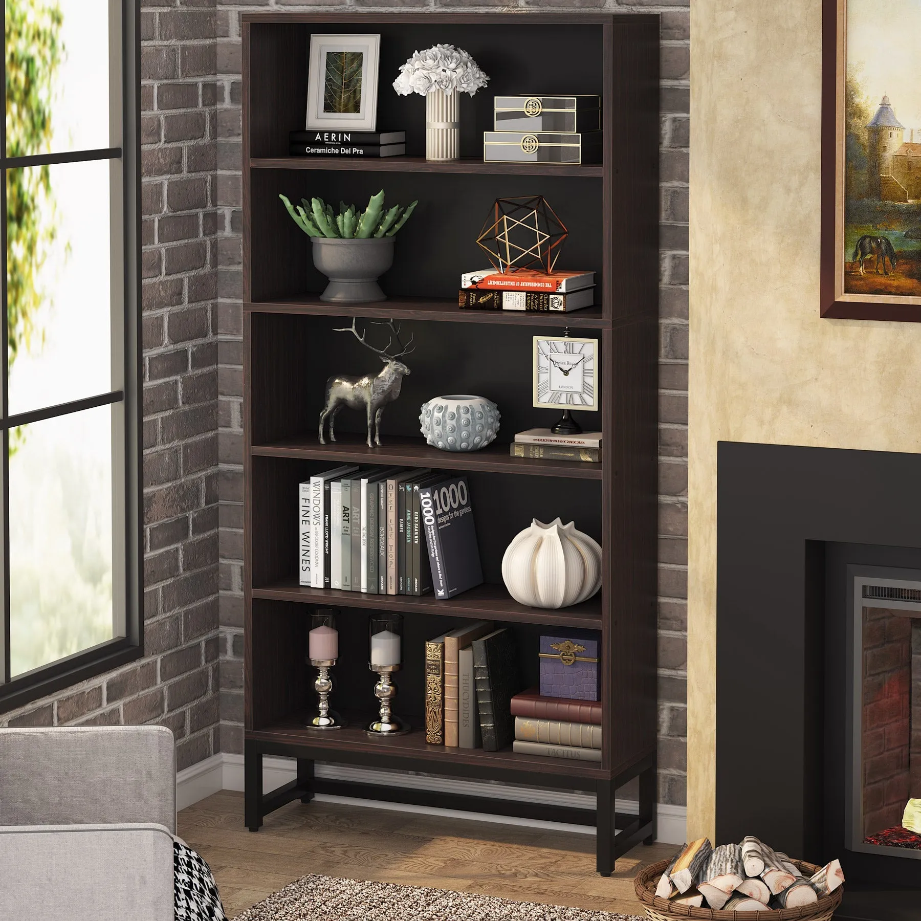 70.8" Bookcase, Large Bookshelf Organizer with 5-Tier Storage Shelves