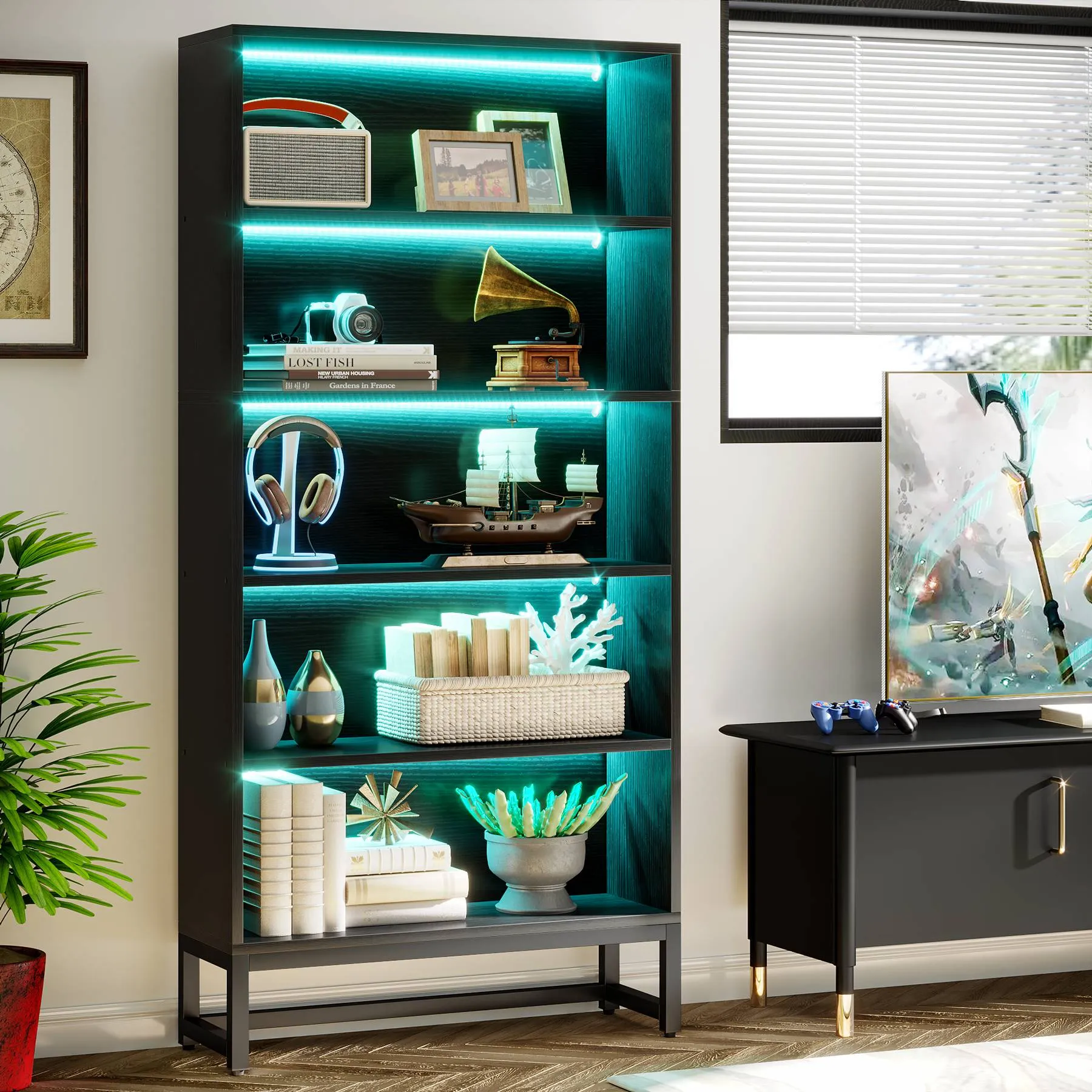 70.8" Bookcase, Large Bookshelf Organizer with 5-Tier Storage Shelves