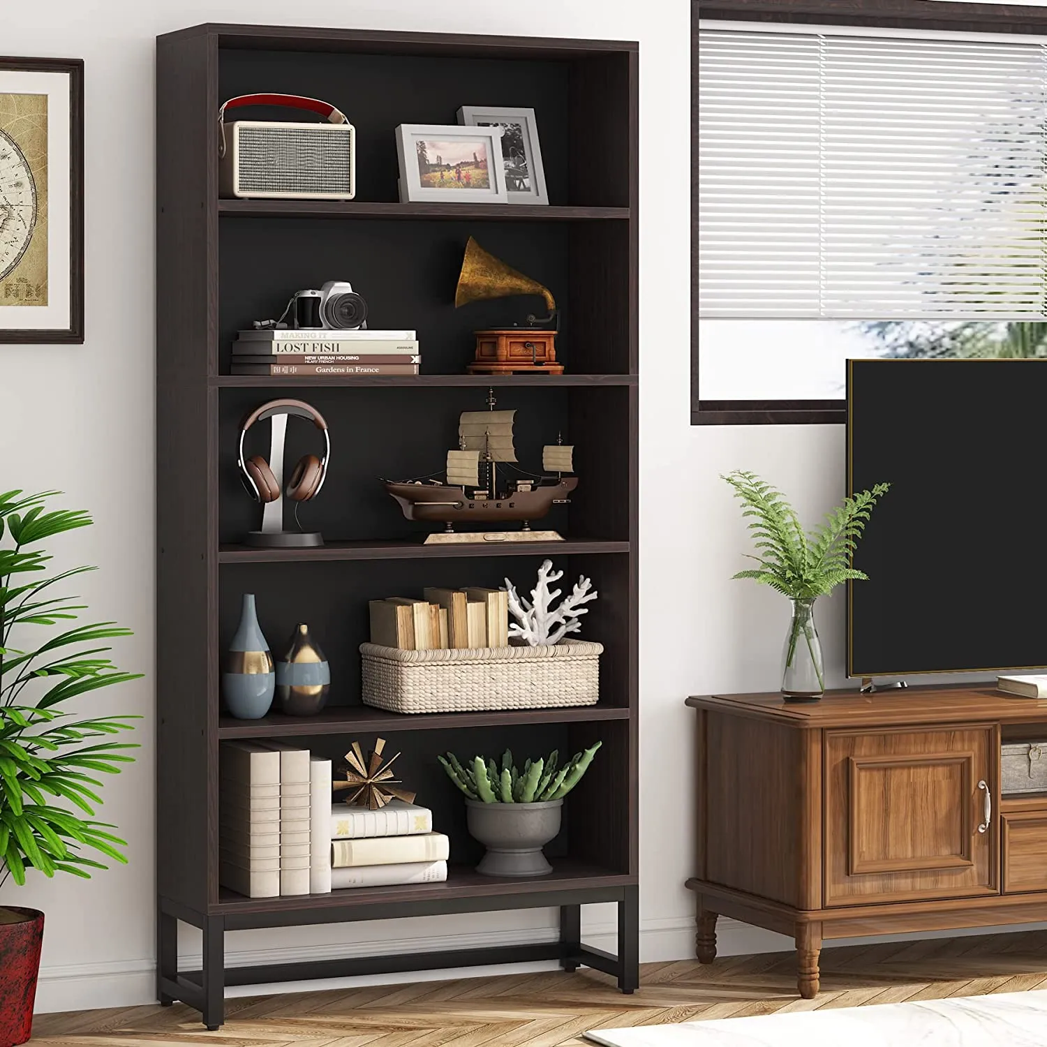 70.8" Bookcase, Large Bookshelf Organizer with 5-Tier Storage Shelves