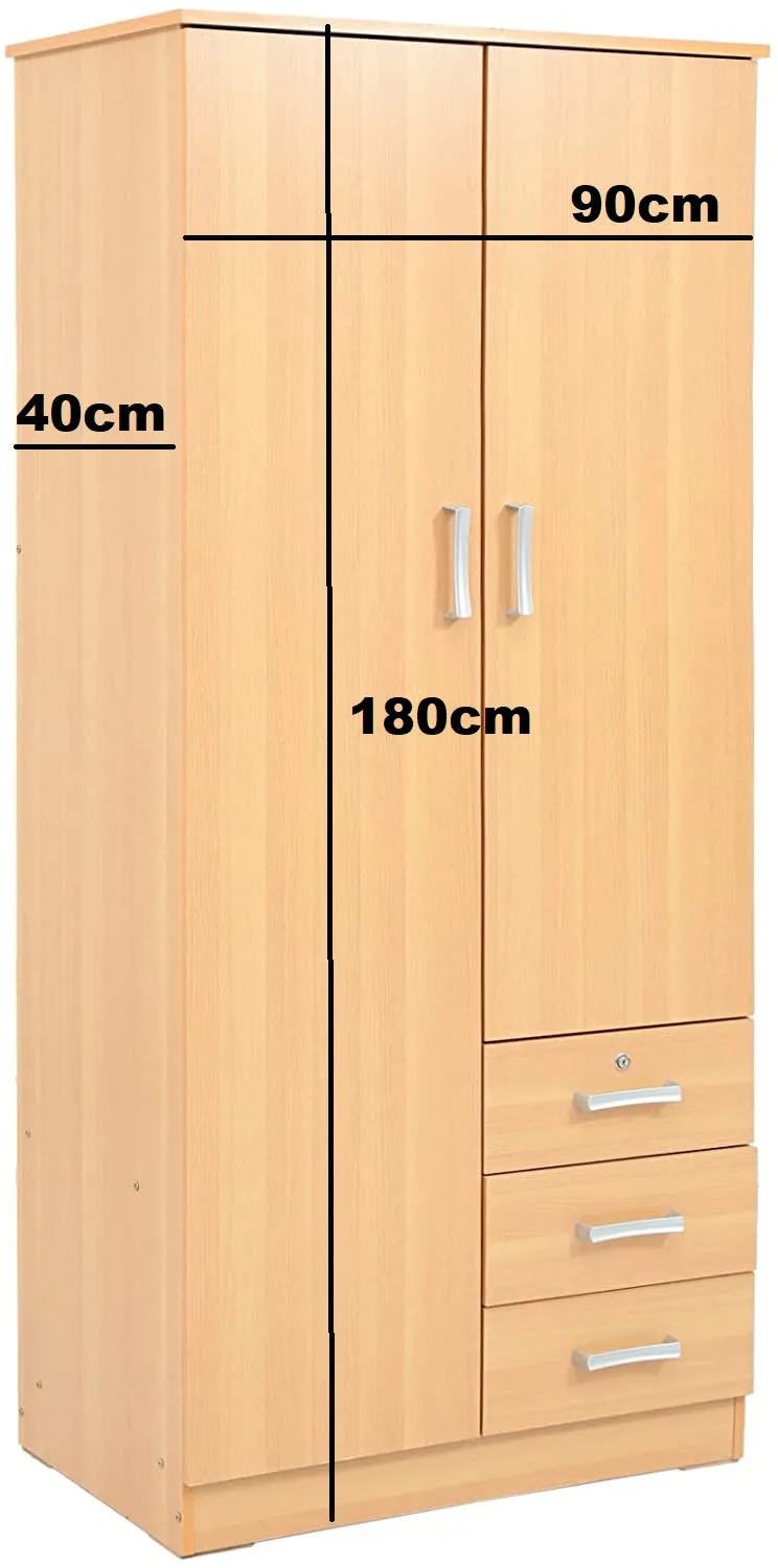 AFT Two Door Wooden Wardrobe with Drawers, Beige