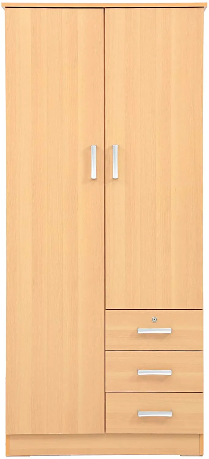 AFT Two Door Wooden Wardrobe with Drawers, Beige