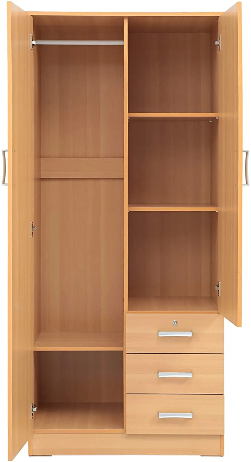 AFT Two Door Wooden Wardrobe with Drawers, Beige