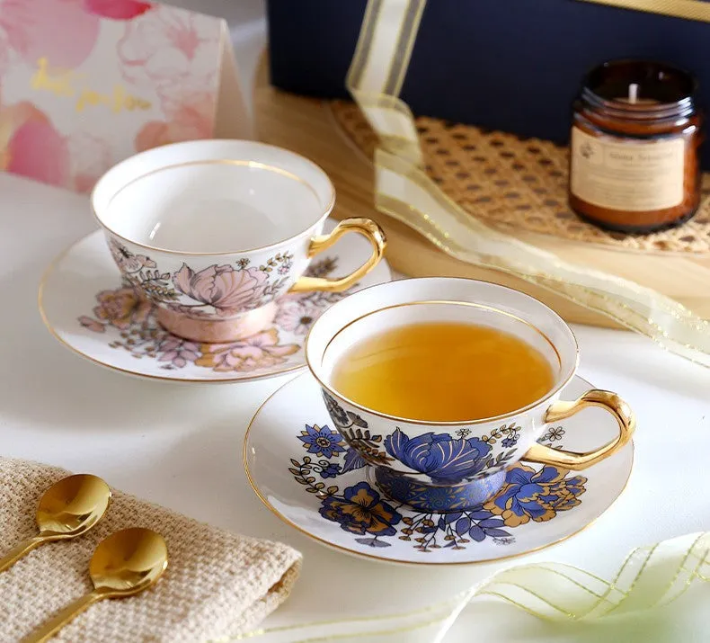 Afternoon British Tea Cups, Unique Iris Flower Tea Cups and Saucers in Gift Box, Elegant Ceramic Coffee Cups, Royal Bone China Porcelain Tea Cup Set