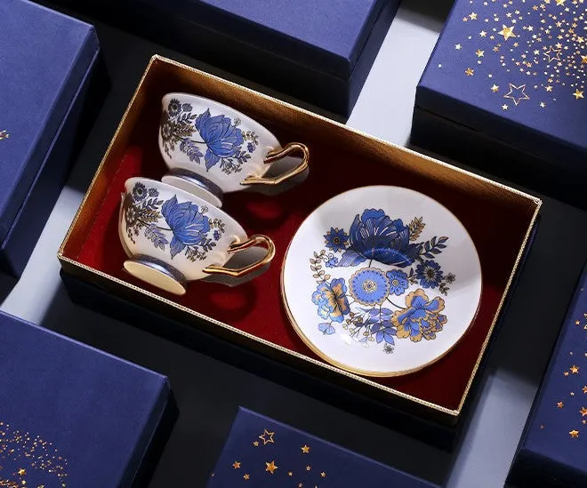 Afternoon British Tea Cups, Unique Iris Flower Tea Cups and Saucers in Gift Box, Elegant Ceramic Coffee Cups, Royal Bone China Porcelain Tea Cup Set