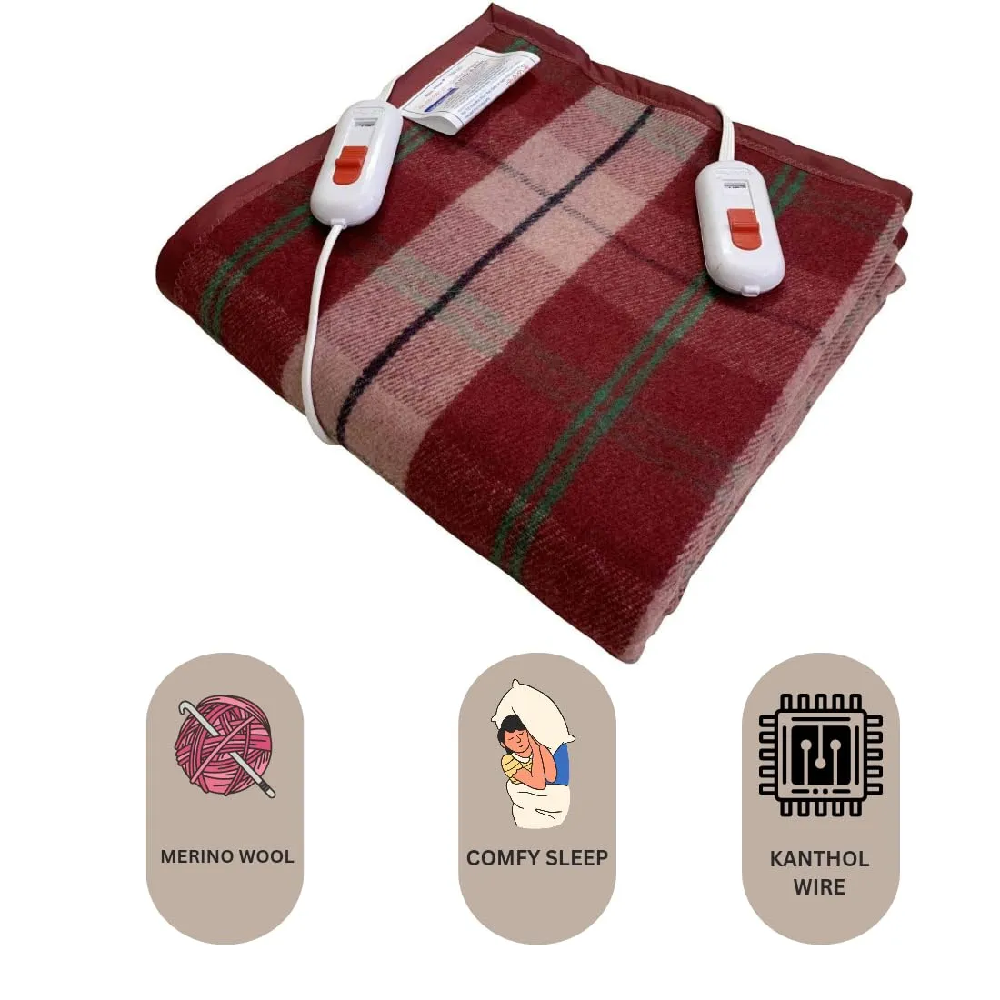 Bell electric blankets - Double Bed Electric Blanket- 10 Years Warranty - Heating Bed Warmer with 4 Heat Settings- Size (150cms x 150 cms) - Sock Proof King Size (Check Multicolour, Wool)