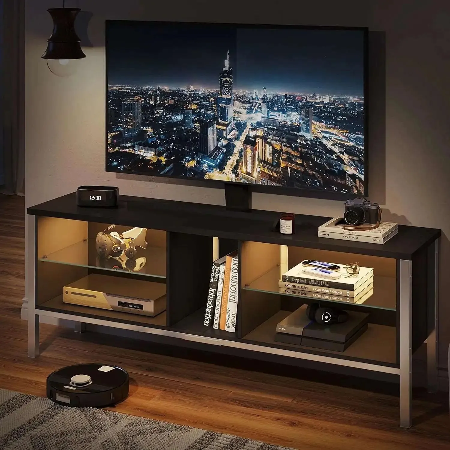 Bestier Gaming TV Stand for 70 Inch TV, Gaming Entertainment Center with LED Lights for PS4