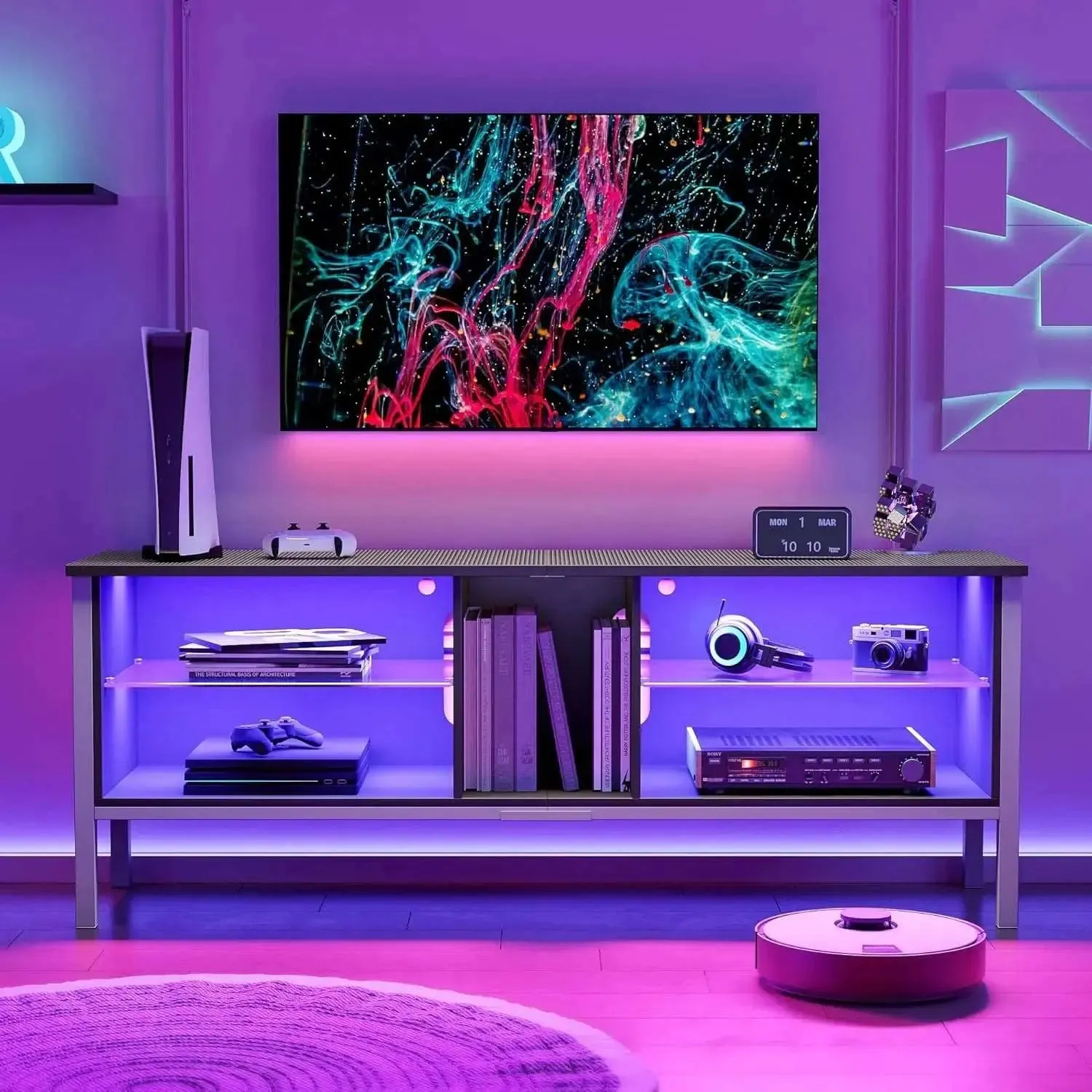 Bestier Gaming TV Stand for 70 Inch TV, Gaming Entertainment Center with LED Lights for PS4