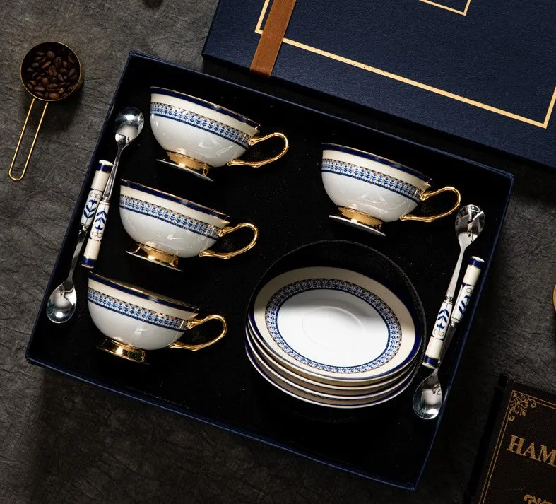 Blue Bone China Porcelain Tea Cup Set, Elegant British Ceramic Coffee Cups, Unique British Tea Cup and Saucer in Gift Box