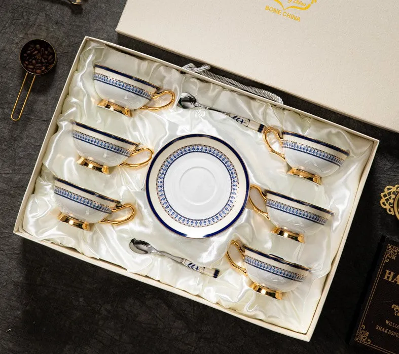 Blue Bone China Porcelain Tea Cup Set, Elegant British Ceramic Coffee Cups, Unique British Tea Cup and Saucer in Gift Box