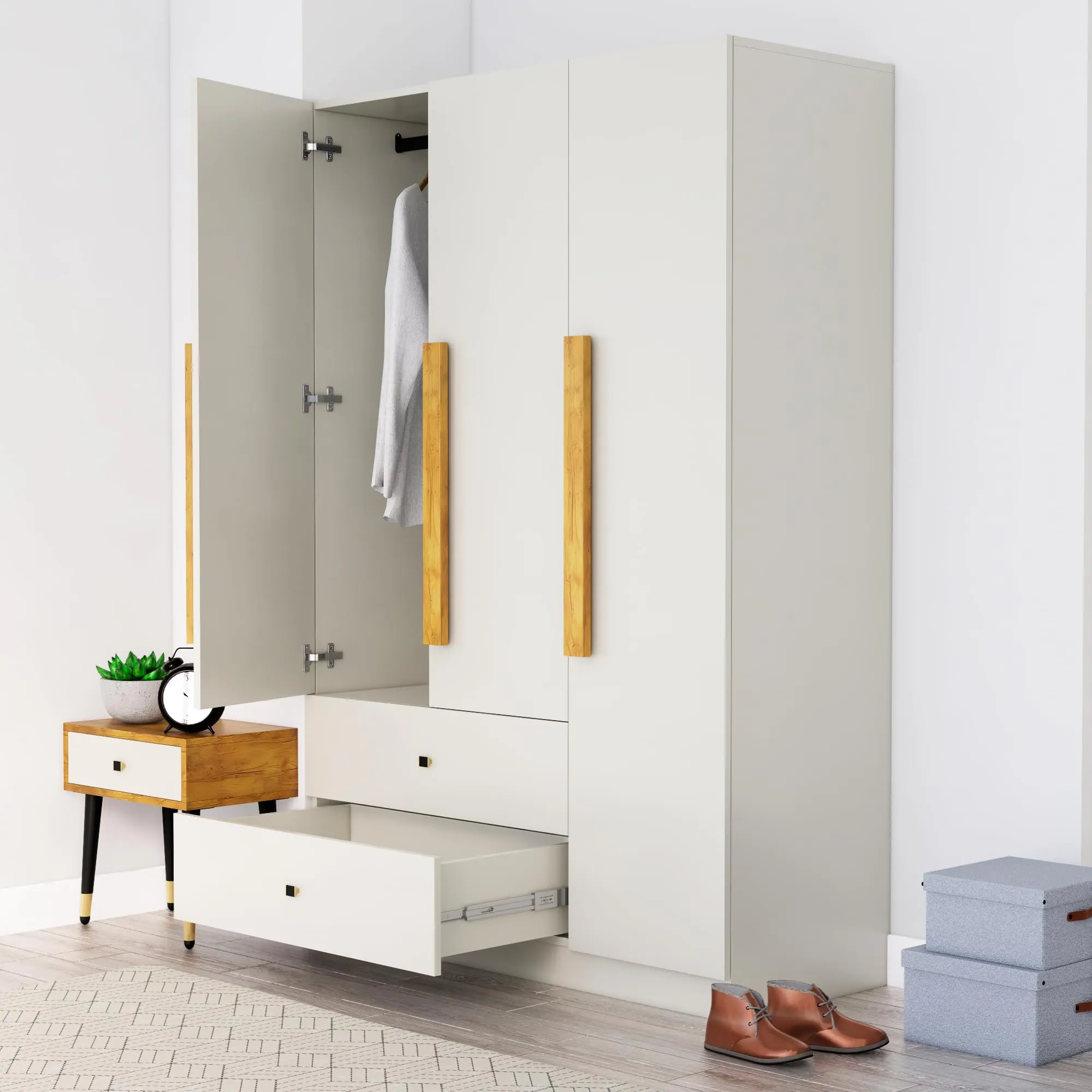 Bniture Wooden Almirah for Clothes, Door for Bedroom, 2 Door Wardrobe with Drawer & Hanging Space (45D x 75W x 180H CM) ALL (HXWB108, Frosty White)