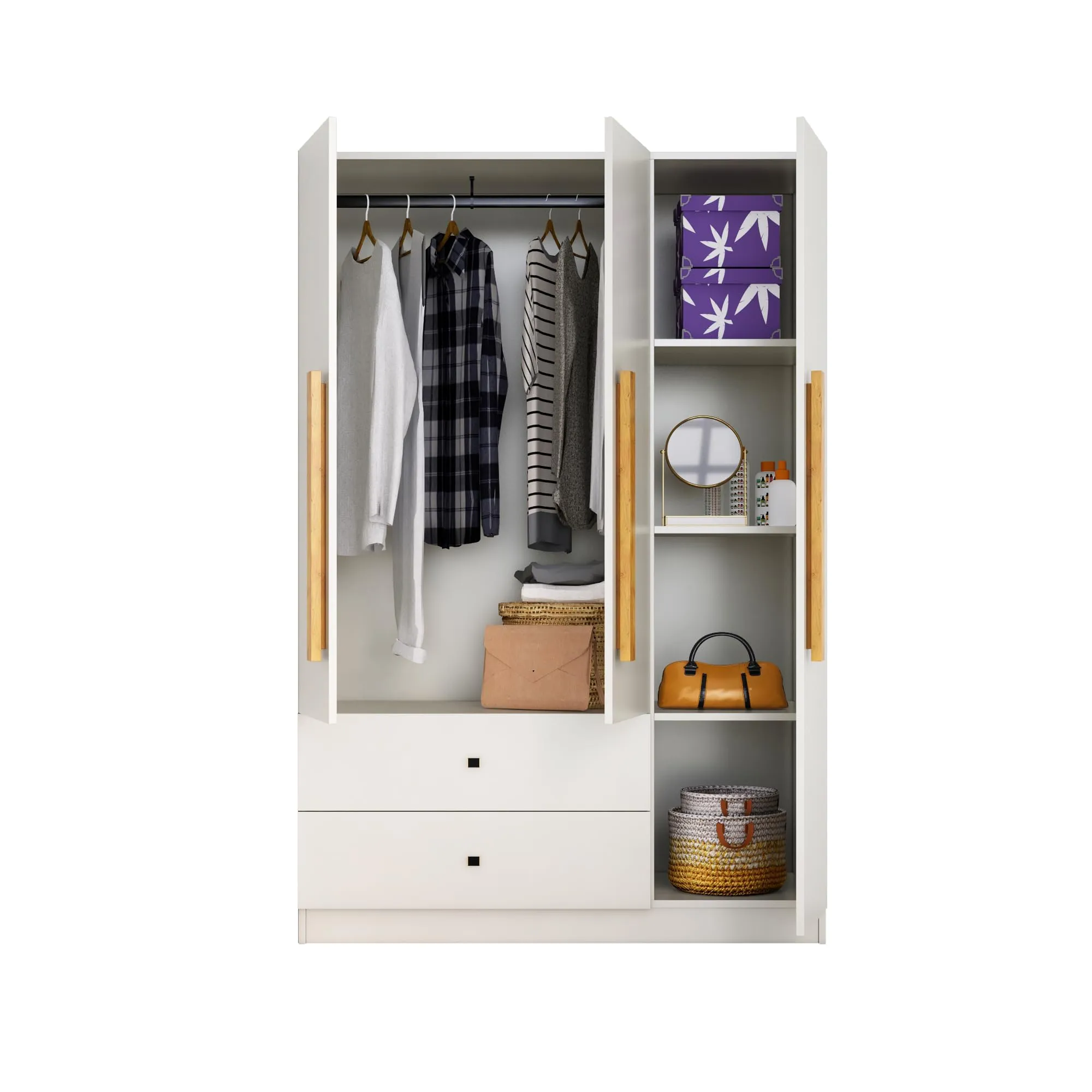 Bniture Wooden Almirah for Clothes, Door for Bedroom, 2 Door Wardrobe with Drawer & Hanging Space (45D x 75W x 180H CM) ALL (HXWB108, Frosty White)