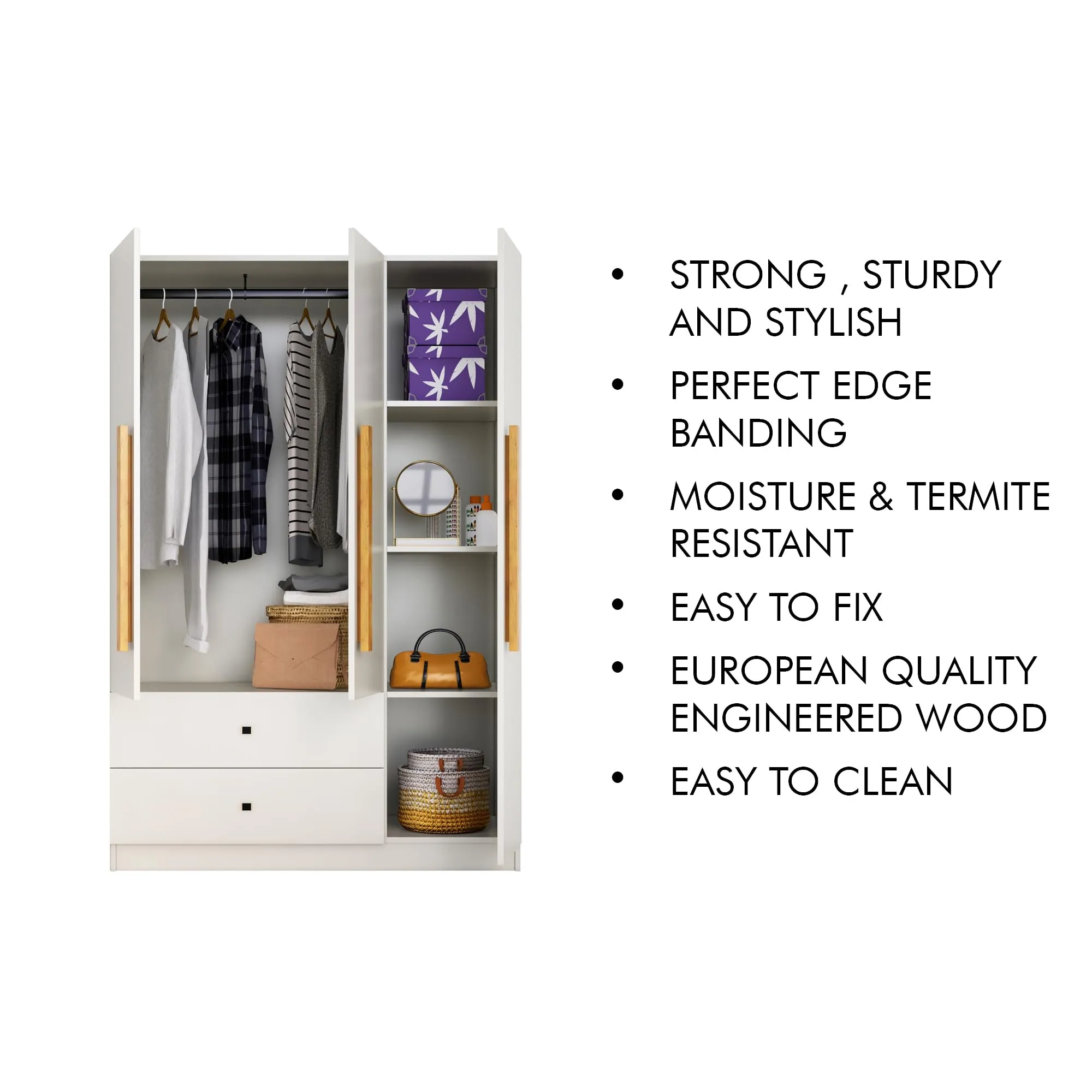 Bniture Wooden Almirah for Clothes, Door for Bedroom, 2 Door Wardrobe with Drawer & Hanging Space (45D x 75W x 180H CM) ALL (HXWB108, Frosty White)