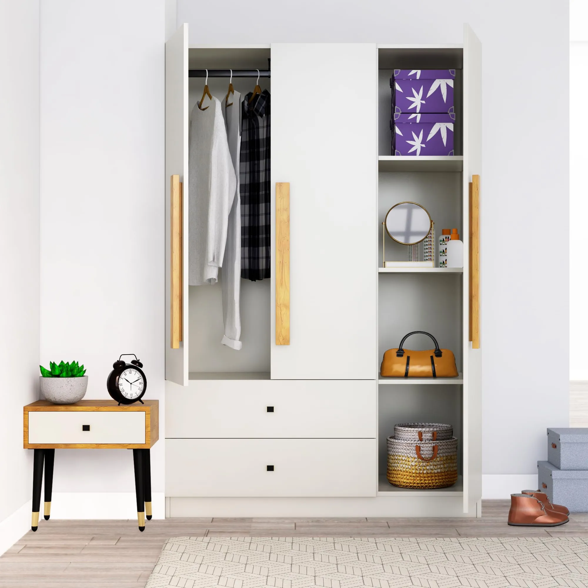 Bniture Wooden Almirah for Clothes, Door for Bedroom, 2 Door Wardrobe with Drawer & Hanging Space (45D x 75W x 180H CM) ALL (HXWB108, Frosty White)