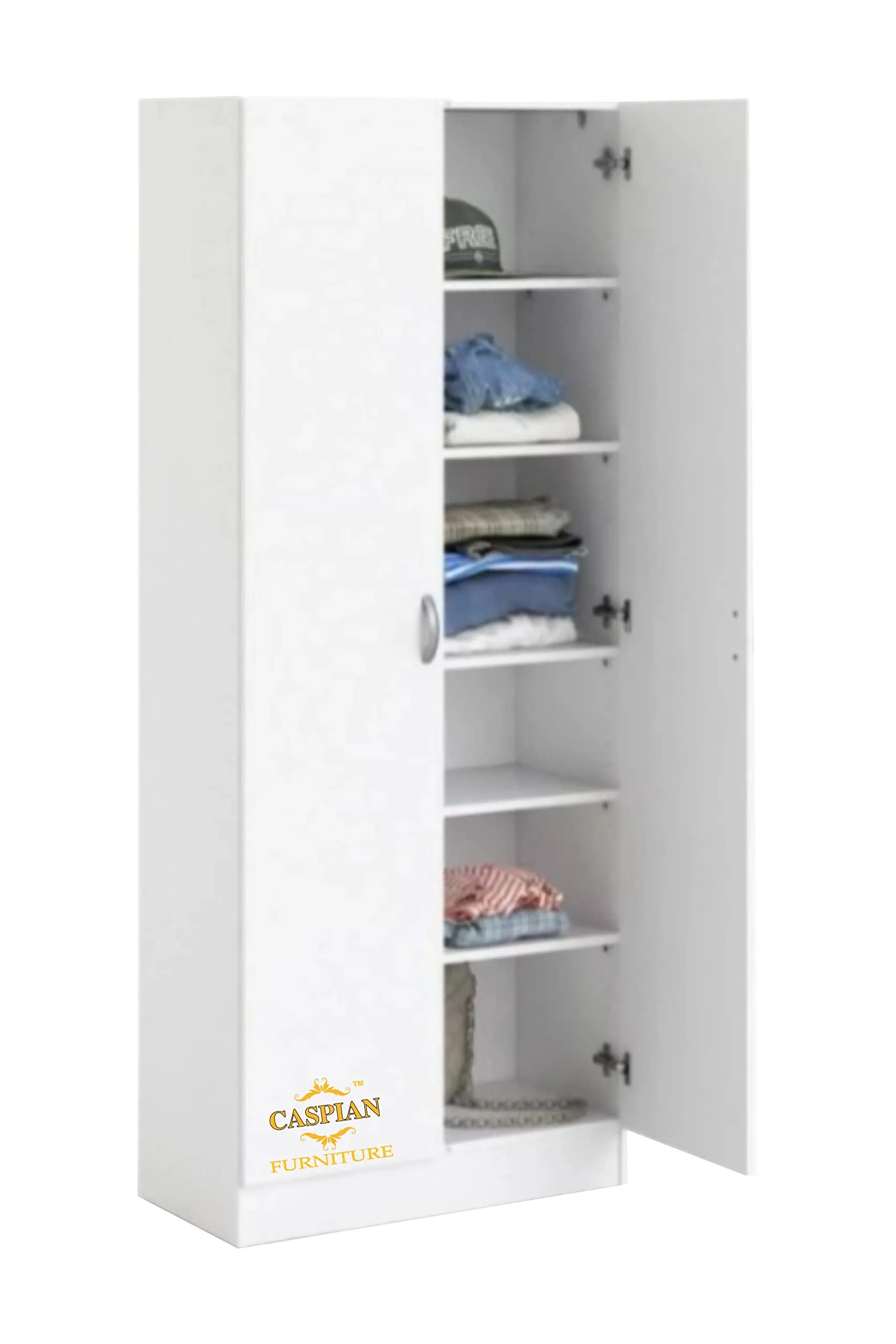 CASPIAN Furniture Super White Texture 2 Door Wardrobe/Cupboard with 6 Shelves | Wardrobe for Bedroom/Kitchen Organizer/Clothes Cabinet | Size 75 x 24 x 21 inches