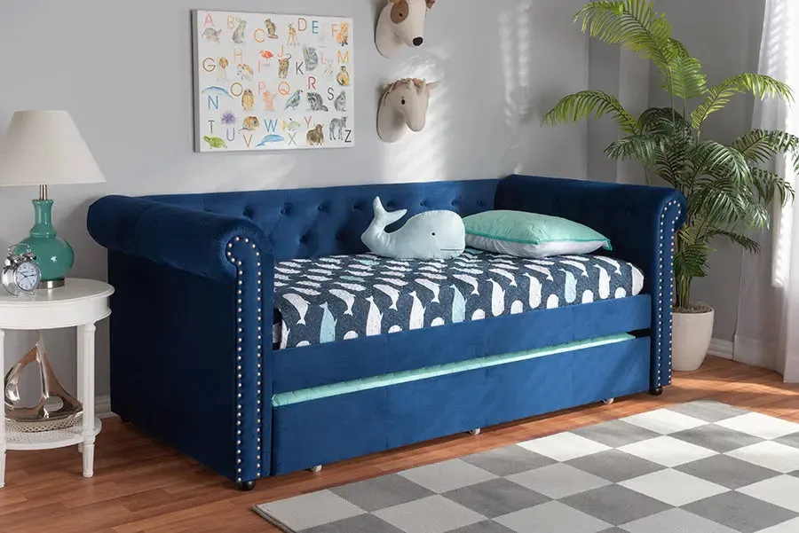 Dawson Navy Blue Velvet Upholstered Daybed w/Trundle