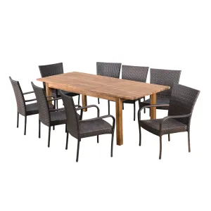 Delilah Outdoor 9 Piece Wicker Dining Set with Wood Expandable Dining Table