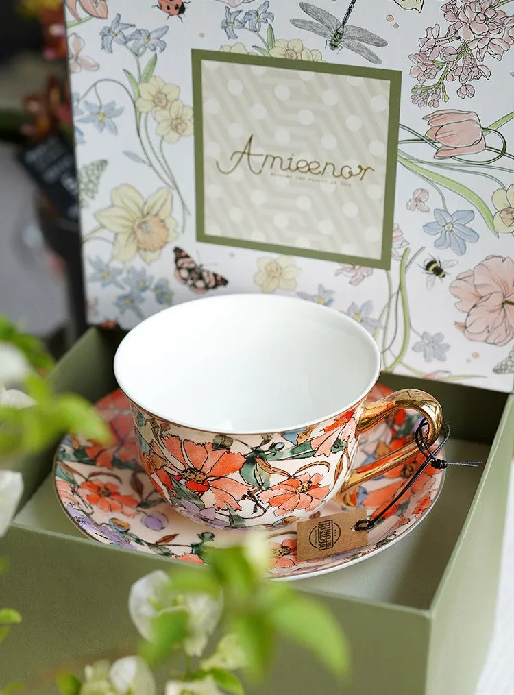 Elegant Ceramic Coffee Cups, Flower Bone China Porcelain Tea Cup Set, British Royal Ceramic Cups for Afternoon Tea, Unique Tea Cup and Saucer in Gift Box