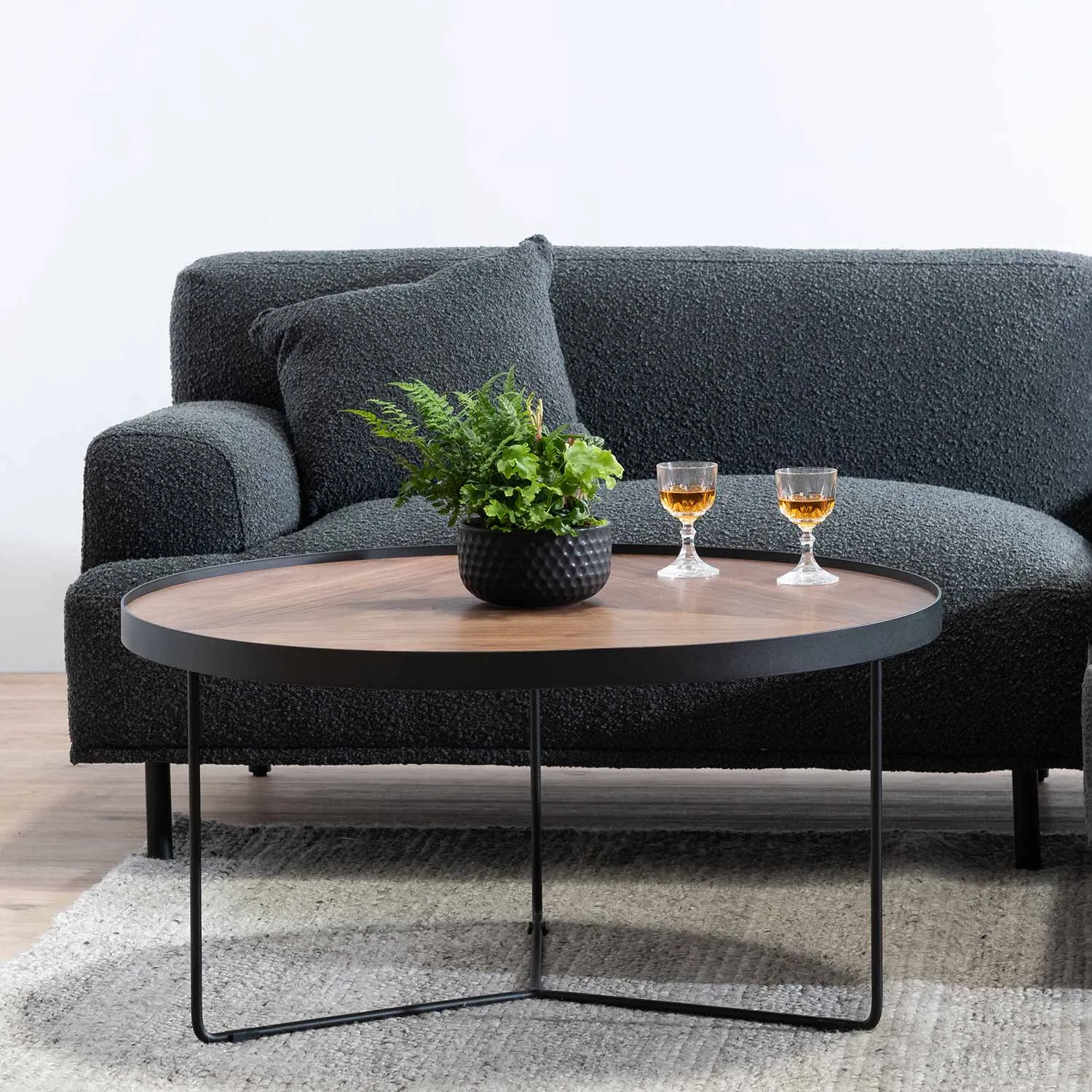 Ex Display - Luna 90cm Round Coffee Table - Walnut Top - Black Frame