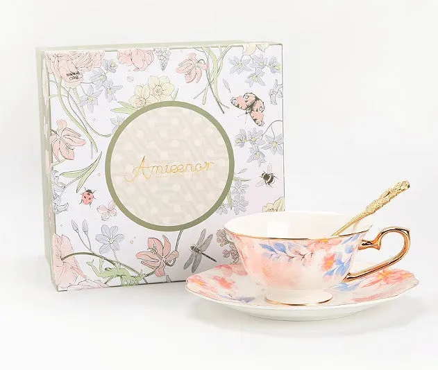 Flower Bone China Porcelain Tea Cup Set, Unique Tea Cup and Saucer in Gift Box,British Royal Ceramic Cups for Afternoon Tea, Elegant Ceramic Coffee Cups