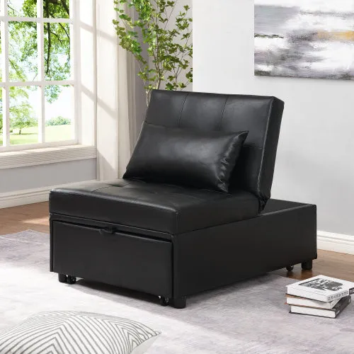 Folding Sofa Bed 4-in-1 Convertible Chair, Multi-Functional Adjustable Recliner,  Black Faux Leather