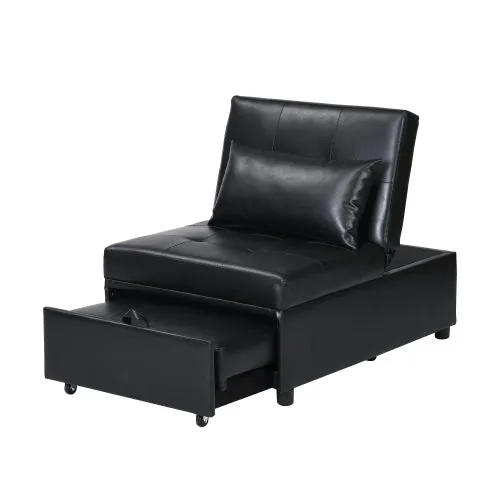 Folding Sofa Bed 4-in-1 Convertible Chair, Multi-Functional Adjustable Recliner,  Black Faux Leather