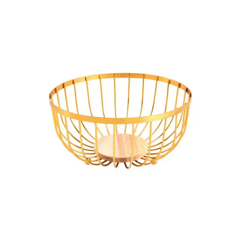 Golden Fruit Basket with Wooden Base