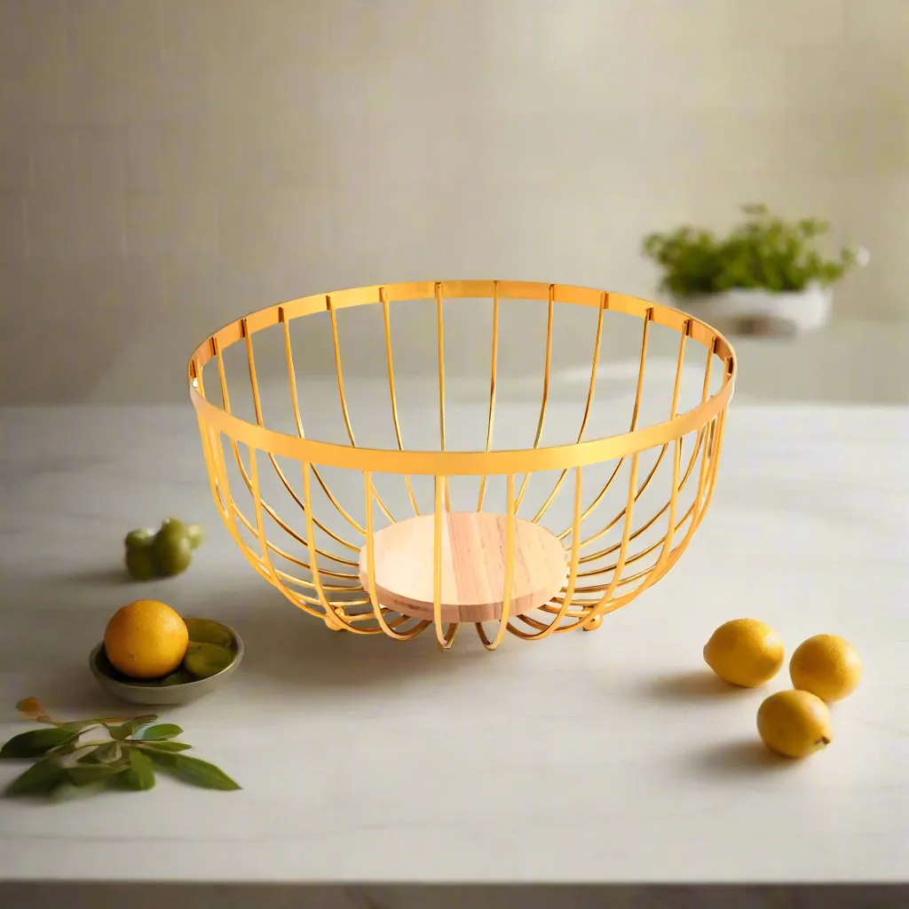 Golden Fruit Basket with Wooden Base