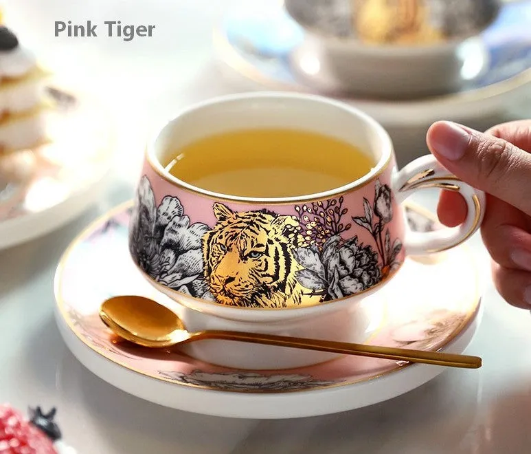 Handmade Ceramic Cups with Gold Trim and Gift Box, Jungle Tiger Cheetah Porcelain Coffee Cups, Creative Ceramic Tea Cups and Saucers