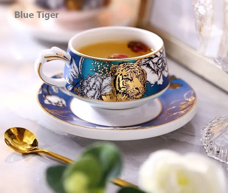 Handmade Ceramic Cups with Gold Trim and Gift Box, Jungle Tiger Cheetah Porcelain Coffee Cups, Creative Ceramic Tea Cups and Saucers