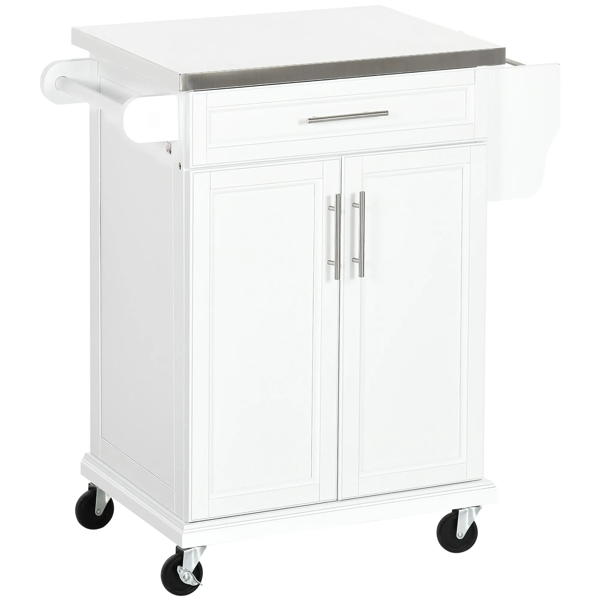 HOMCOM Kitchen Island on Wheels, Rolling Kitchen Cart with Stainless Steel Countertop, Drawer, Towel Rack and Spice Rack, Utility Storage Trolley, White