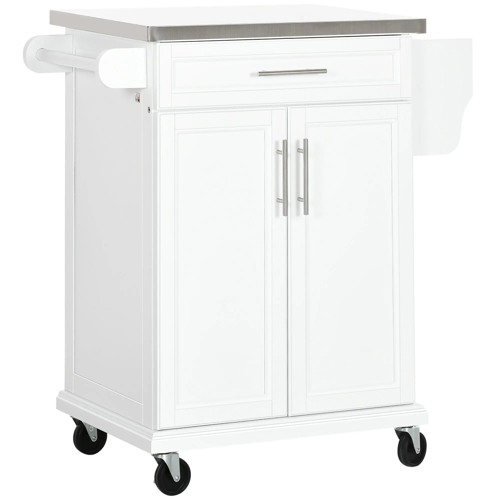 HOMCOM Kitchen Island on Wheels, Rolling Kitchen Cart with Stainless Steel Countertop, Drawer, Towel Rack and Spice Rack, Utility Storage Trolley, White