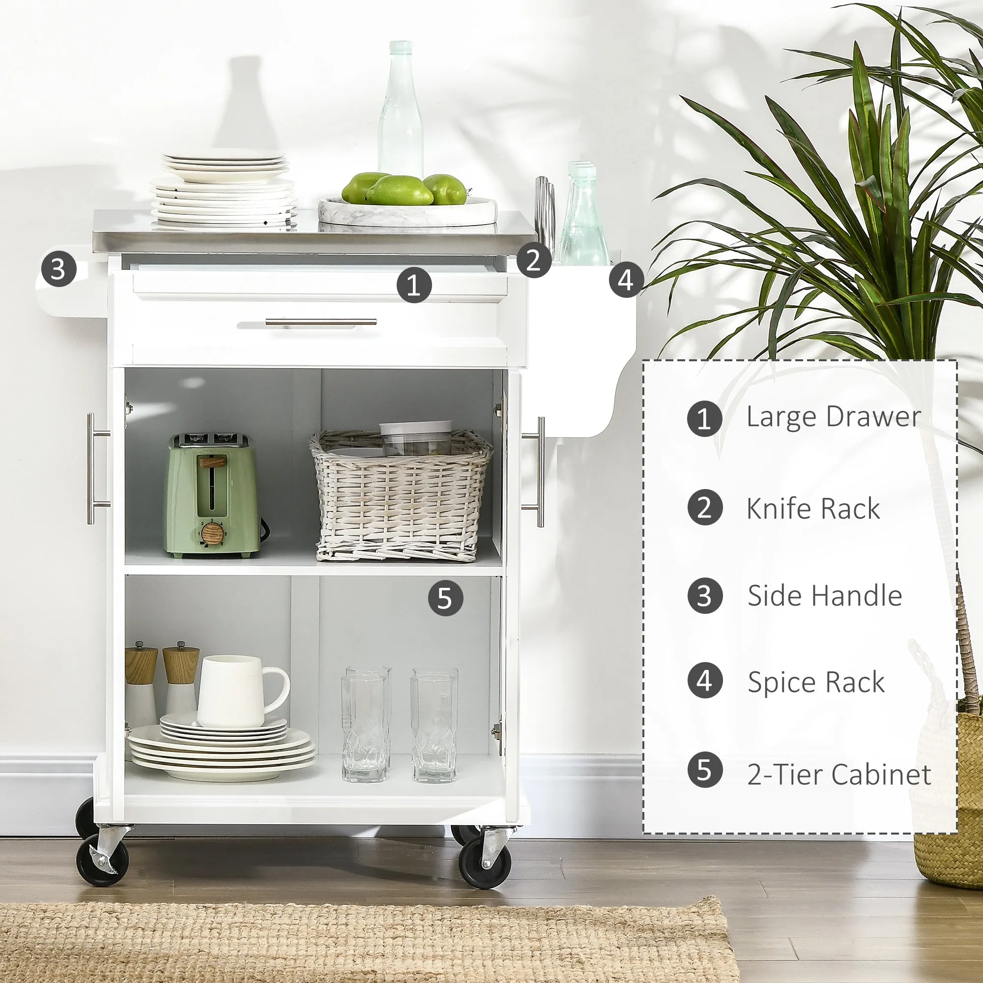 HOMCOM Kitchen Island on Wheels, Rolling Kitchen Cart with Stainless Steel Countertop, Drawer, Towel Rack and Spice Rack, Utility Storage Trolley, White