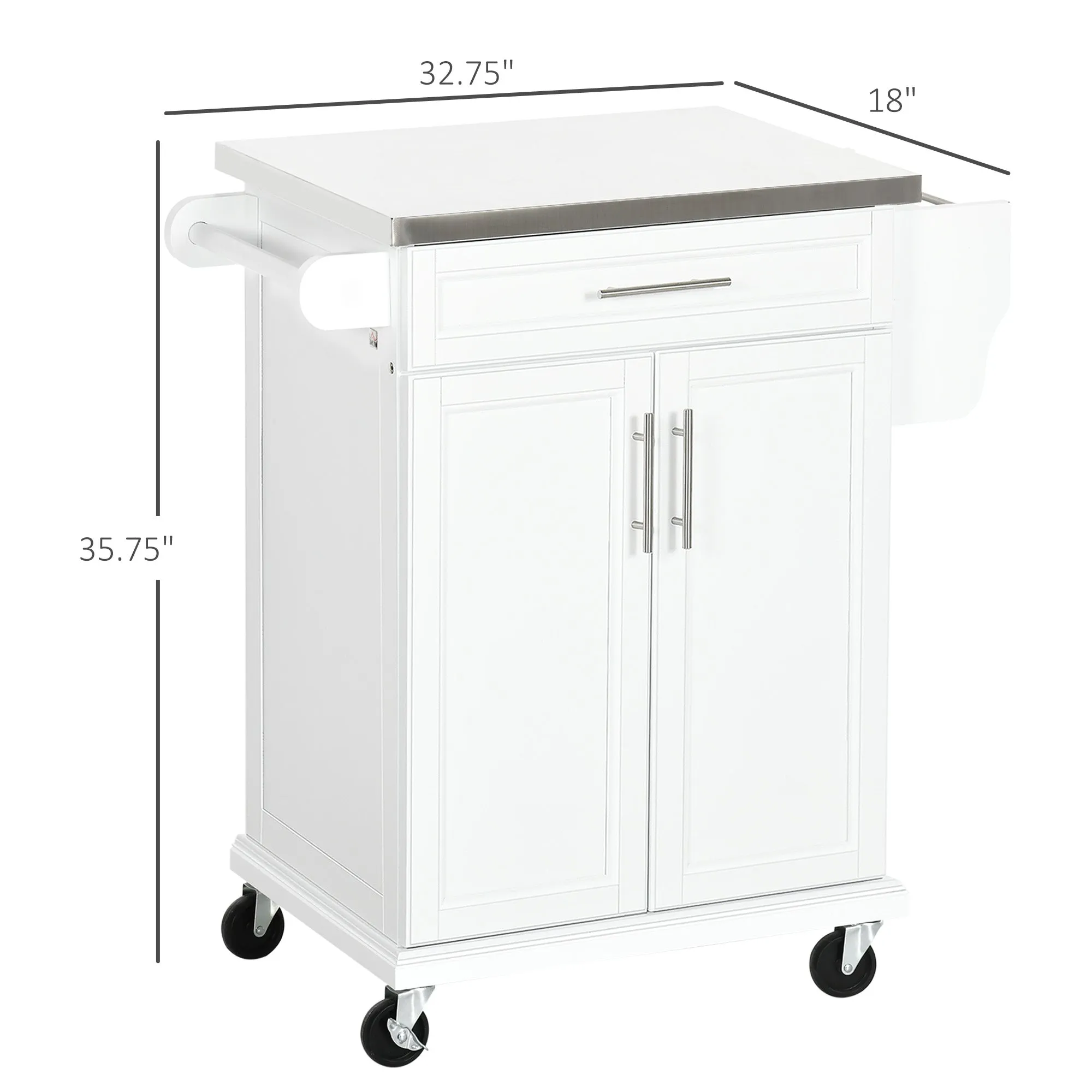 HOMCOM Kitchen Island on Wheels, Rolling Kitchen Cart with Stainless Steel Countertop, Drawer, Towel Rack and Spice Rack, Utility Storage Trolley, White