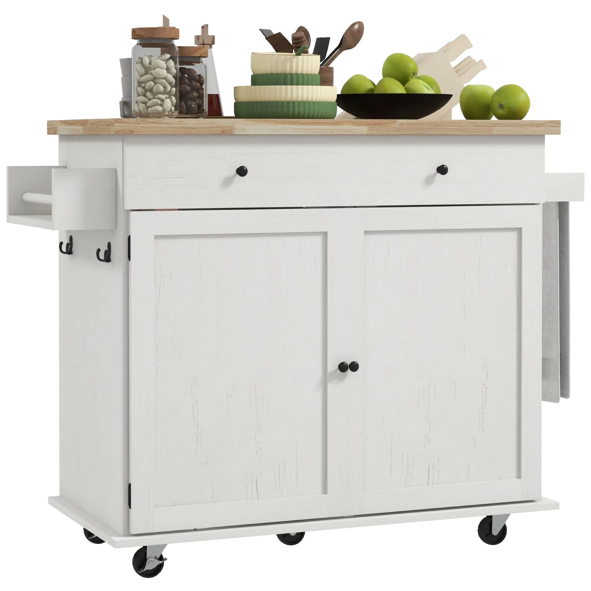 HOMCOM Kitchen Island with Storage, Farmhouse Rolling Kitchen Island Cart on Wheels with Drawer, 2 Cabinets, Rubberwood Top, Spice Rack, Towel Racks and 2 Hooks, Distressed White