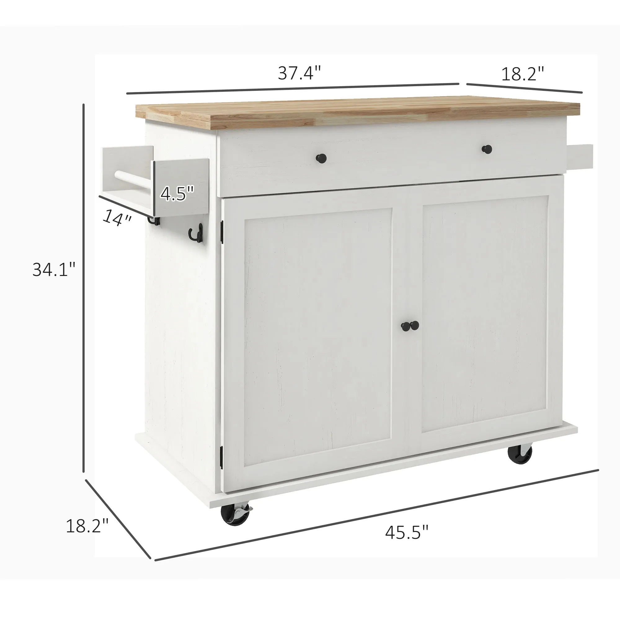 HOMCOM Kitchen Island with Storage, Farmhouse Rolling Kitchen Island Cart on Wheels with Drawer, 2 Cabinets, Rubberwood Top, Spice Rack, Towel Racks and 2 Hooks, Distressed White